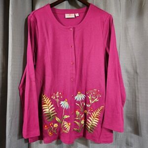 Quacker Factory Magenta Pink Floral Embroidered Button Front Cardigan Large